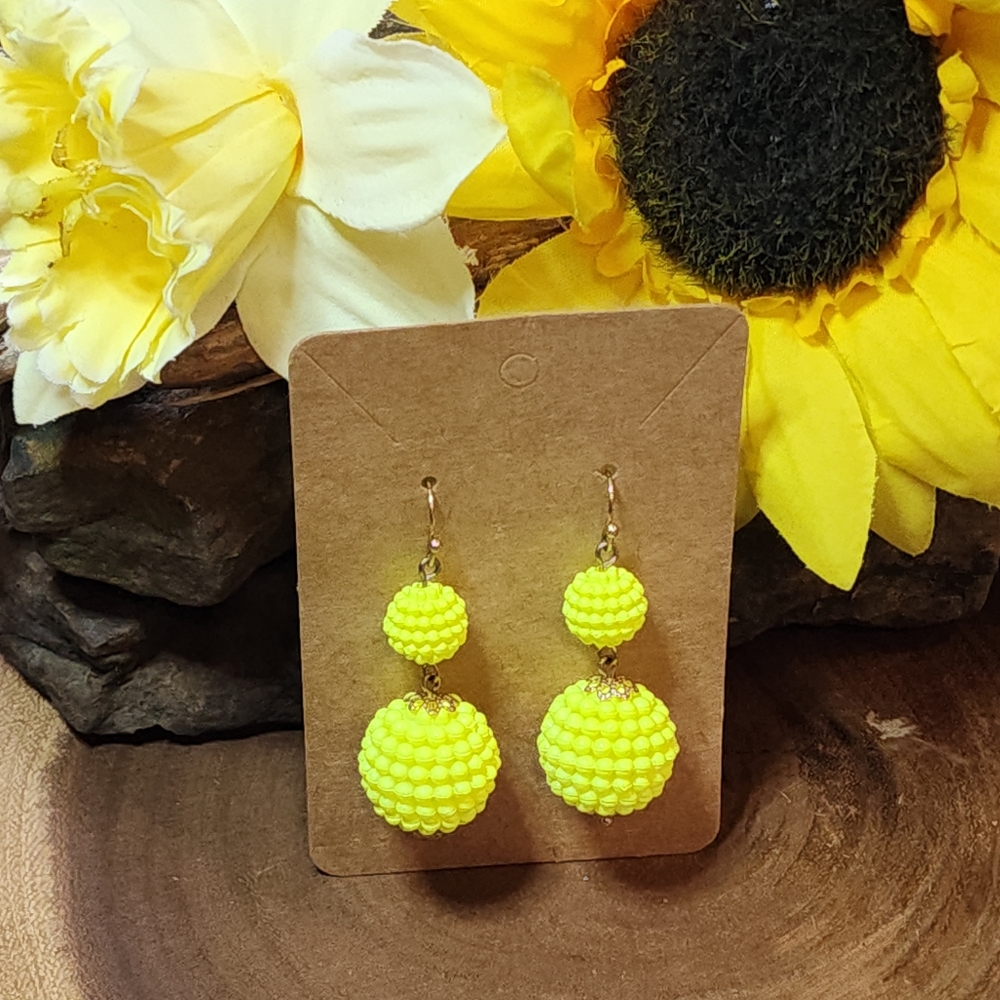 Bright Yellow Beaded Drop Hook Earrings